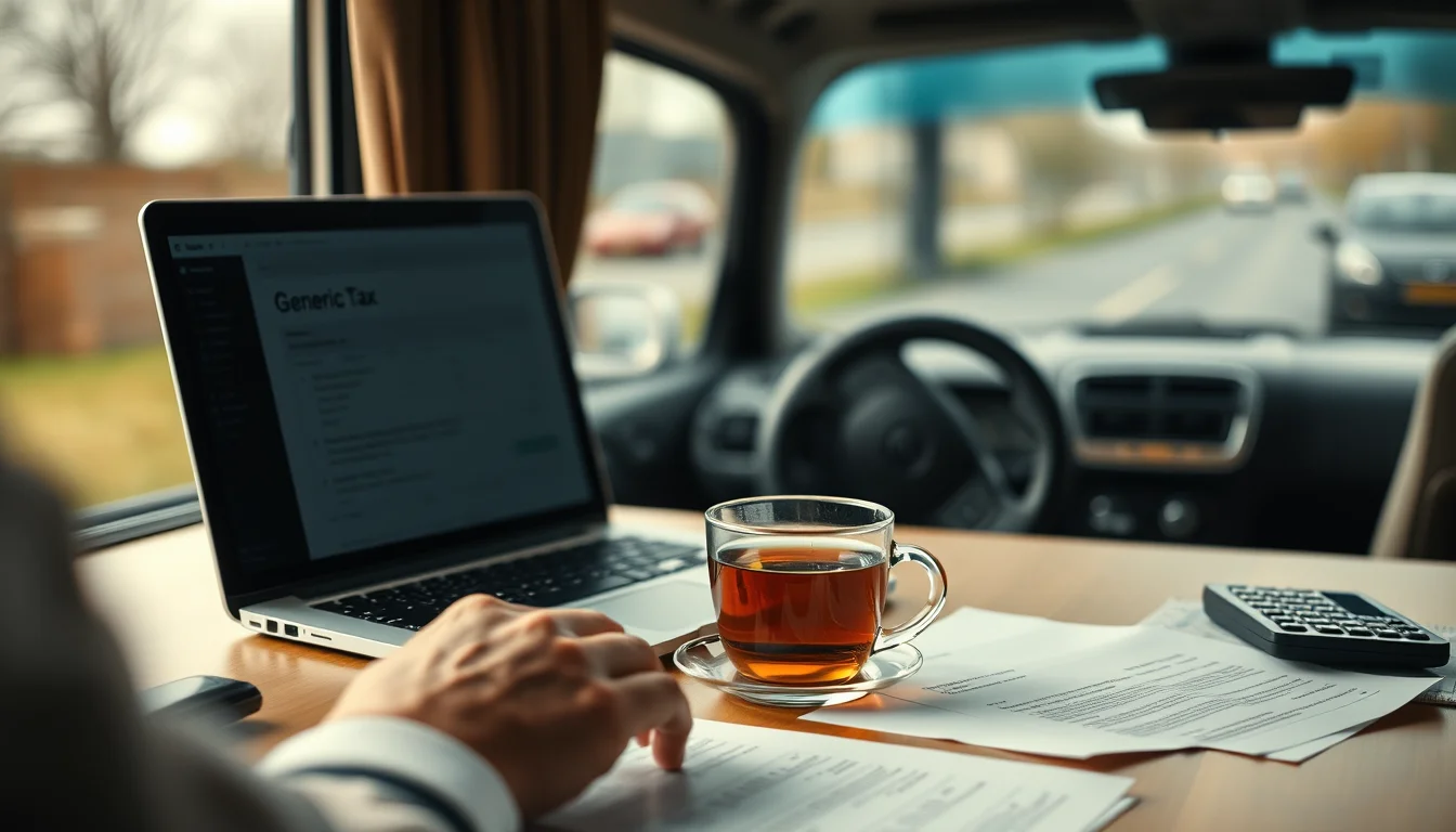 HMRC login and online account for drivers: a phone and laptop with app icons and a padlock in front of a Welsh coastal city
