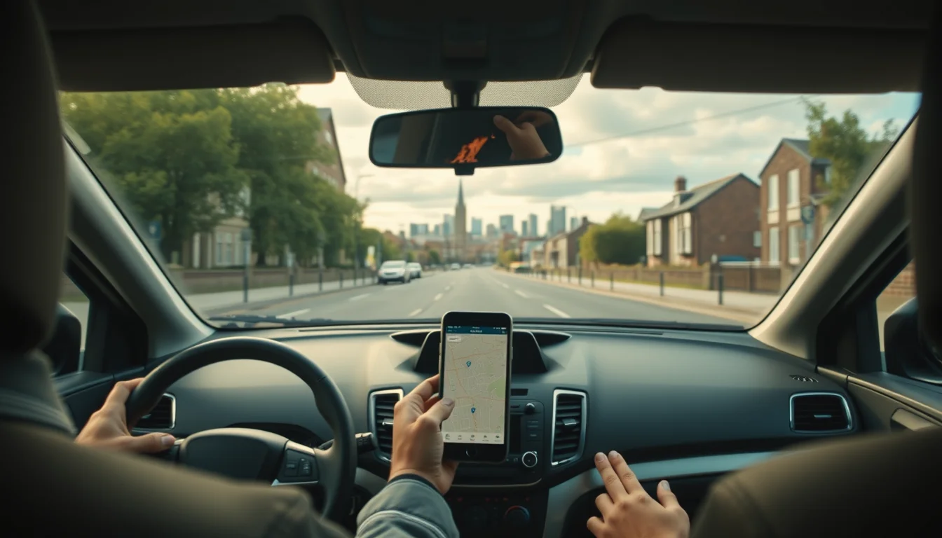 Uber driver accountant guide, Sheffield: a desk with laptop and calculator overlooking a hilly city with chimneys