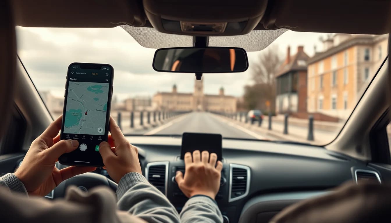 Uber driver tax return UK, Liverpool: a port waterfront with dock cranes and a ferry, and a document with a pen
